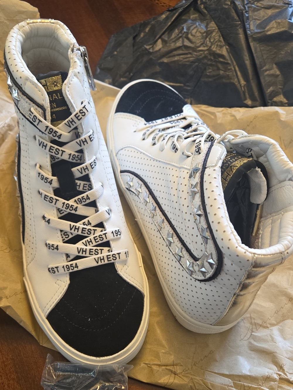 Vintage Havana White and Black High-Top Sneakers with Studded Swoosh